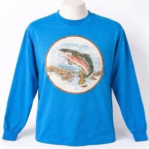Vintage Fish Shirt Men XL Trout Blue Long Sleeve USA Outdoor Graphic Sunbelt